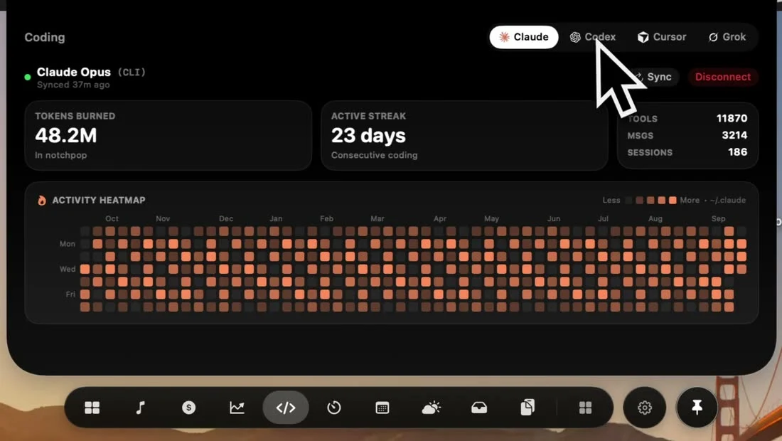 NotchPop coding dashboard showing AI coding activity, usage and streaks