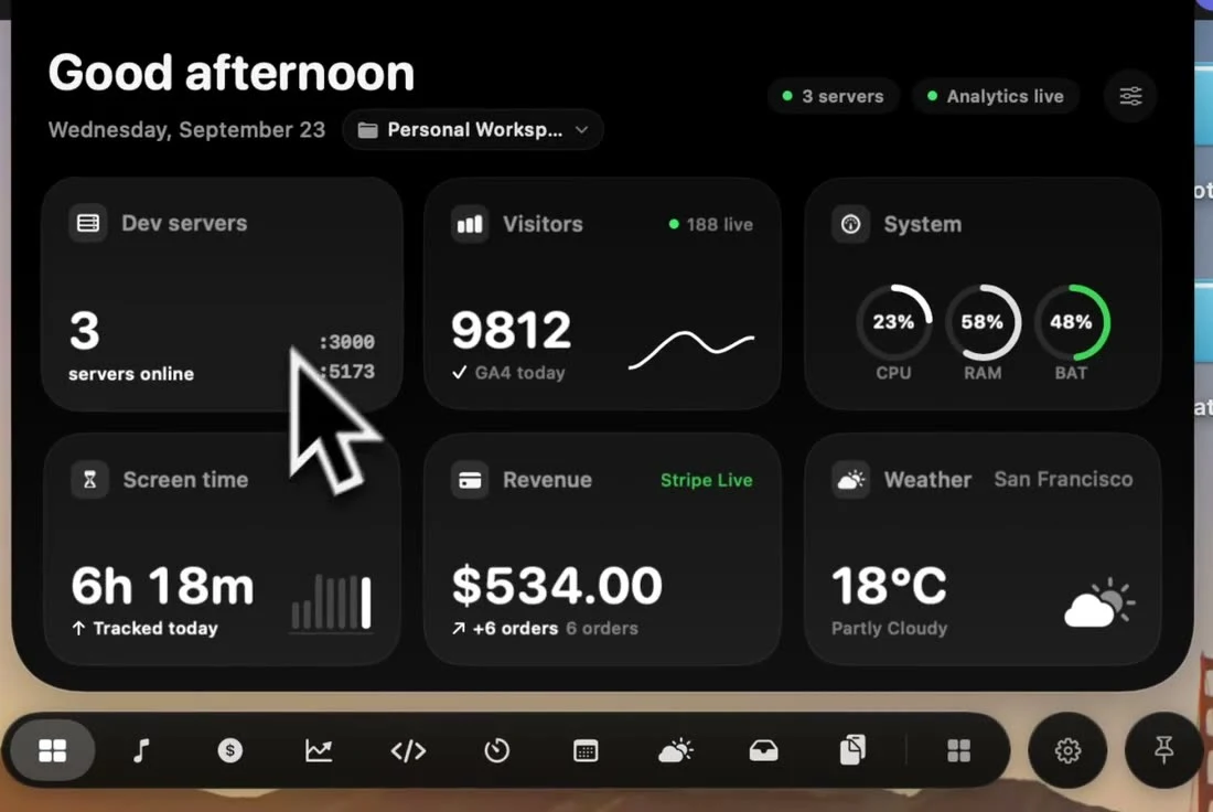 NotchPop home dashboard with dev servers, website visitors, revenue and Mac vitals