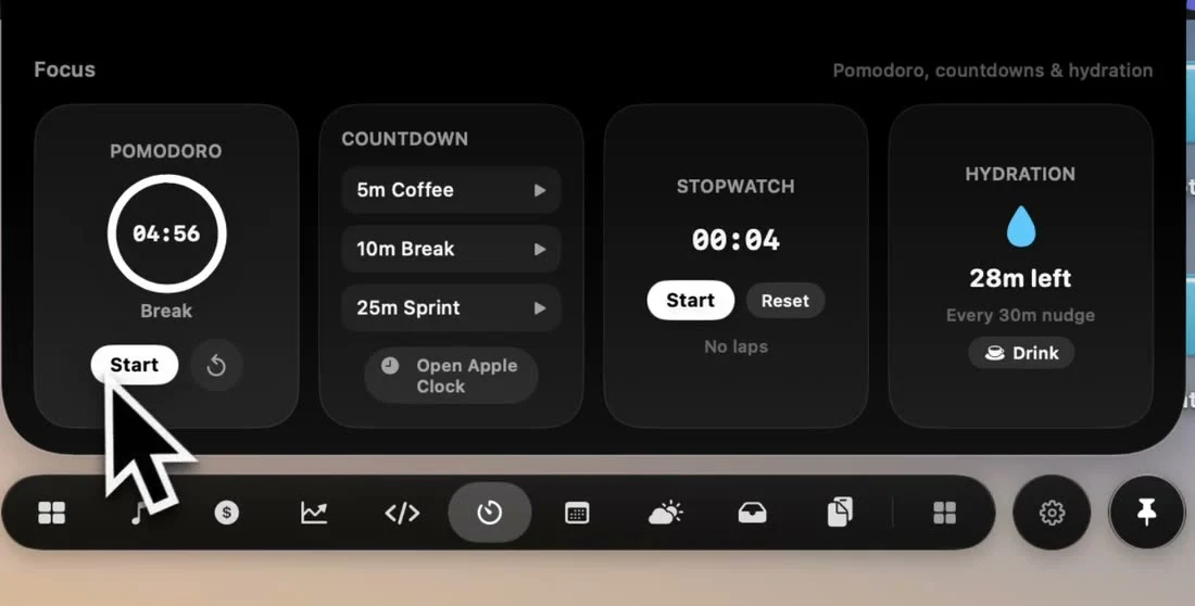 NotchPop Pomodoro timer with focus, break and hydration controls