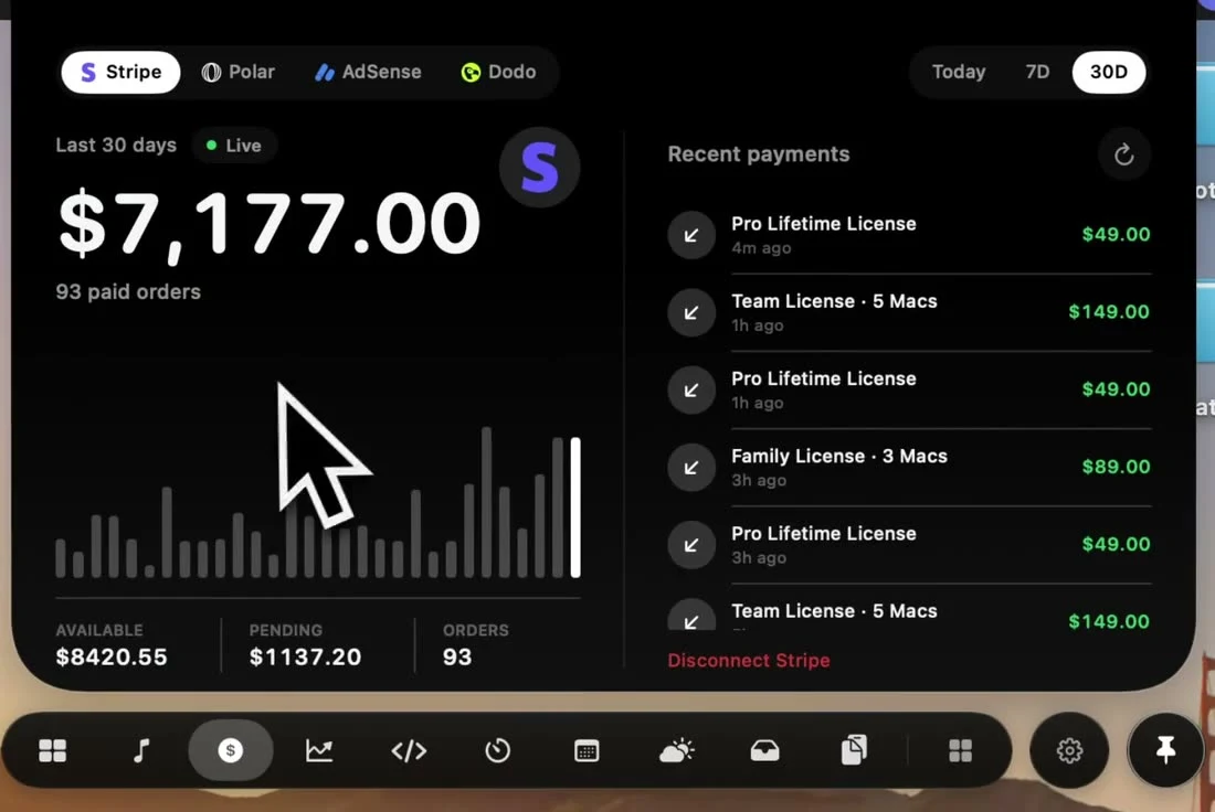 NotchPop Revenue Hub showing payment provider earnings and a revenue chart