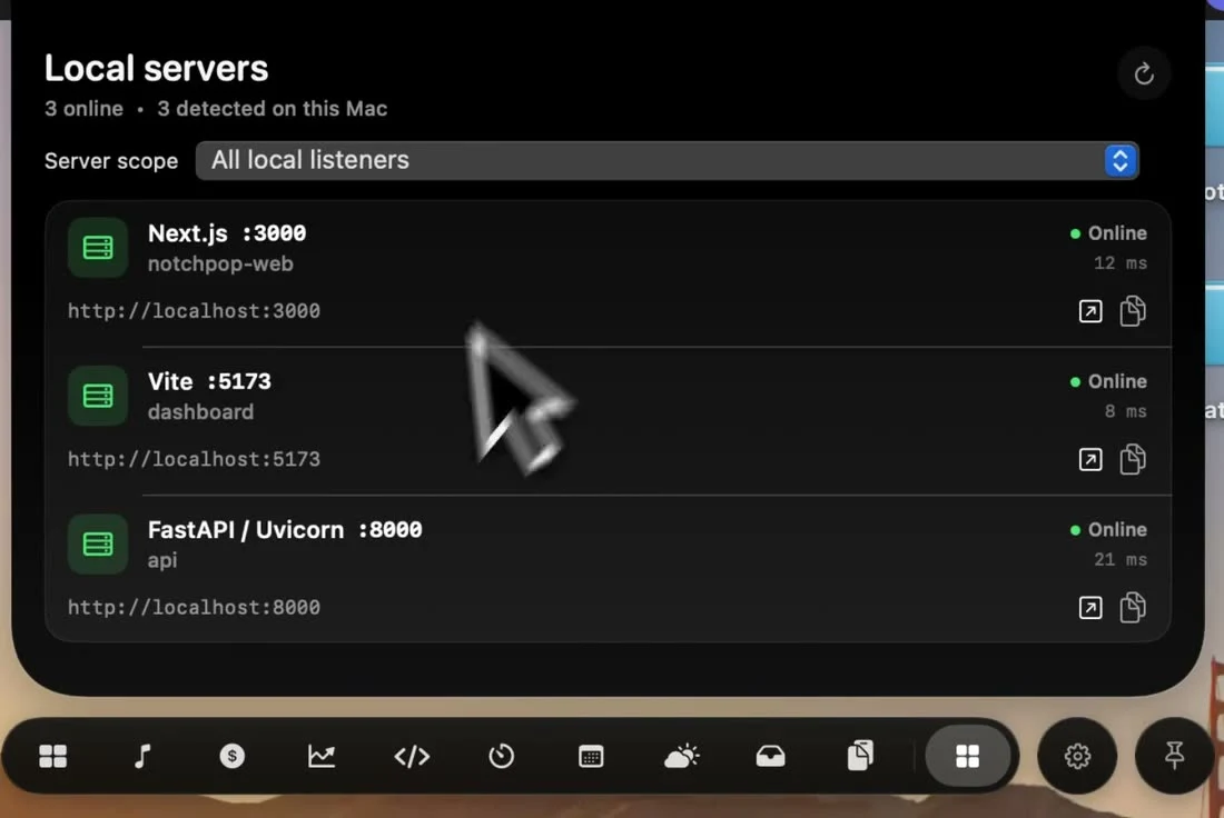 NotchPop dev server list with running localhost addresses